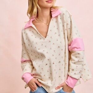 BiBi Cream Floral V-Neck Pullover with Pink Trim
